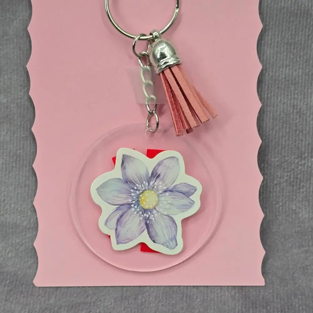 Letter Keychain Clear Silver Circle Handmade Acrylic‎ Tassel Flower K Pink